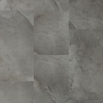 SPC vinyl flooring in large tiles for use in residences, restaurants, homes. Gray cement finish.