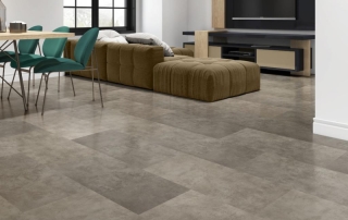 SPC rigid floor in wide tile format (93,5x46,5cm) imitation stone.